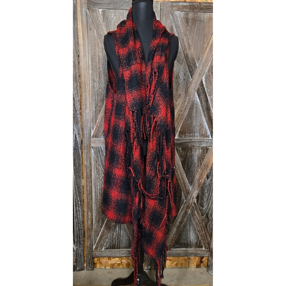 Maurices Red Black Buffalo Plaid Fringe Knit Vest Scarf Neck Sleeveless Cardigan